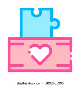 Volunteers Support Game Box Vector Thin Line Icon. Volunteers Support, Help Charitable Organizations, Heart On Package With Playing Puzzle Element Detail Linear Pictogram. Illustration