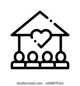 Volunteers Support House Vector Thin Line Icon. Volunteers Support, Charitable Organizations Linear Pictogram. Heart On Building, People Silhouette Blood Donor Contour Illustration