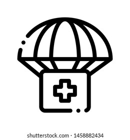 Volunteers Support Parachute Vector Thin Line Icon. Volunteers Support, Help Charitable Organizations, Package With Medicine Box Parachute Air-chute Linear Pictogram. Contour Illustration