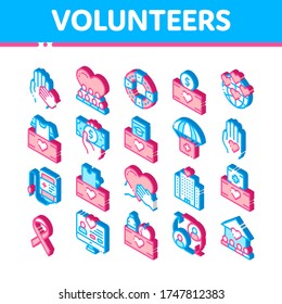 Volunteers Support Vector Icons Set. Volunteers Support, Charitable Organizations Pictograms. Blood Donor, Food Donations, Financial Help, Humanitarian Aid Isometric Illustrations