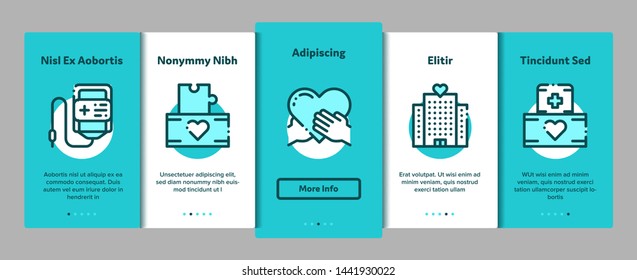 Volunteers Support Vector Onboarding Mobile App Page Screen. Volunteers Support, Charitable Organizations Linear Pictograms. Blood Donor, Food Donations, Financial Help, Humanitarian Aid Illustration