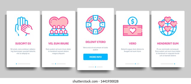 Volunteers Support Vector Onboarding Mobile App Page Screen. Volunteers Support, Charitable Organizations Linear Pictograms. Blood Donor, Food Donations, Financial Help, Humanitarian Aid Illustration