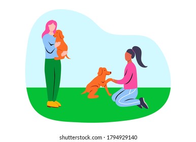 Volunteers take care of stray dogs. Flat vector illustration.