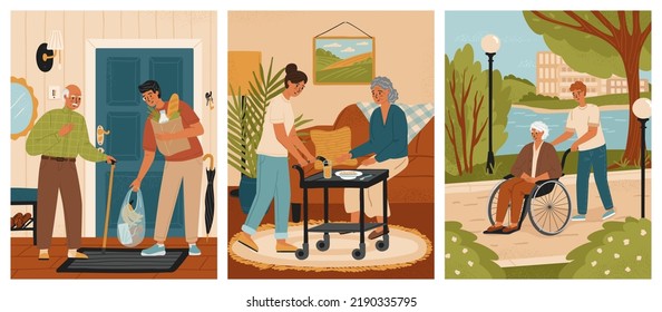 Volunteers taking care of senior people. Nursing home care and old people support concept vector illustration set. Helping with meal, walking, bringing grocery.