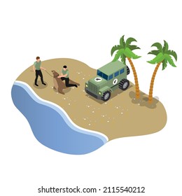 Volunteers taking seal back to the nature after rehab isometric 3d vector concept for banner, website, illustration, landing page, flyer, etc.