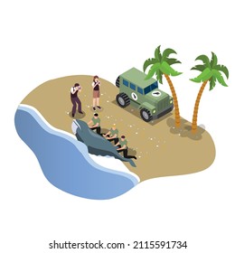 Volunteers taking seal back to the nature after rehab isometric 3d vector concept for banner, website, illustration, landing page, flyer, etc.