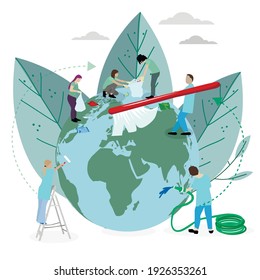 Volunteers team clean and wash planet from plastic and rubbish. Global teamwork care for world, throw away trash and garbage, support voluntary. Vector illustration