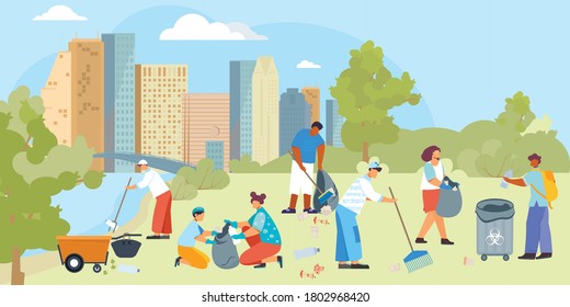 Volunteers trash out composition with cityscape background and group of flat human characters with cleaning utensils vector illustration