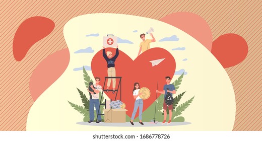 Volunteers vector illustration. Young people packing donation box with money, collecting garbage, taking care about animals near heart. Support community for social aid, charity, help concept