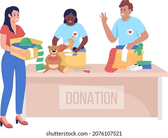 Volunteers with visitor semi flat color vector character. Posing figures. Full body people on white. Social service isolated modern cartoon style illustration for graphic design and animation