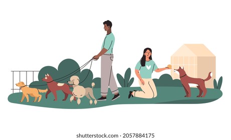 Volunteers walk with dogs. Men and women take care of pets, play with them and feed them. Charity and donations. Characters with puppies. Cartoon flat vector illustration isolated on white background