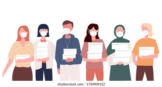 Volunteers Wearing Health Mask From Various Ethnic Groups Work Together Bring Food Donations To The Communities Affected By Corona Virus. Modern Flat Illustration