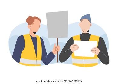 Volunteers welcoming refugees, woman and man volunteering meeting refugees standing, holding banners and signs, wearing reflective yellow vests, humanitarian aid concept, vector cartoon illustration