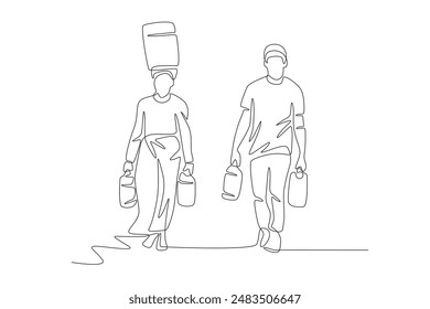 Volunteers who help residents carry water. Community care concept one-line drawing