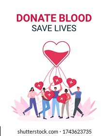 Volunteers woman and man donating blood. Blood donor charity. World Blood Donor Day, Health Care.People are holding hearts. For banner, poster, card, web, landing page.Flat cartoon vector illustration