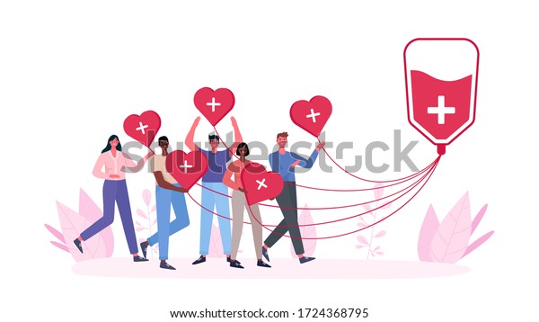 Volunteers woman and man donating blood.\
Blood donor charity. World Blood Donor Day, Health Care.People are\
holding hearts. For banner, poster, card, web, landing page.Flat\
cartoon vector\
illustration