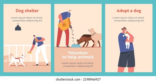 Volunteers Work in Animals Shelter Cartoon Banners, People Help Homeless Pets in Pound, Rehabilitation or Adoption Center, Men and Women Feed and Playing with Stray Dogs. Vector Illustration, Posters