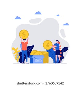 Volunteers at work. Happy young couple, man and woman donating coins together. Concept of volunteering and charity social. Flat cartoon character design for web landing page, banner.