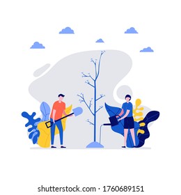 Volunteers at work. Happy young couple, man and woman planting and watering tree together. Concept of volunteering and charity social. Flat cartoon character design for web landing page, banner.