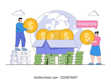 Volunteers at work. Happy young couple, man and woman donating coins together. Concept of volunteering and charity social. Flat cartoon character design for web landing page, banner.