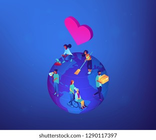 Voluntarios trabajando en limpieza del globo, ayudando a los ancianos, plantando y donando. Voluntariado, servicios voluntarios, concepto de actividad laboral altruista. Ilustración 3D isométrica del vector de neón ultravioleta.