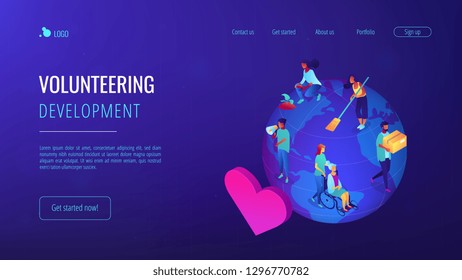 Volunteers at work on globe cleaning, helping the elderly, planting and donating. Volunteering, volunteer services, altruistic job activity concept. Isometric 3D website app landing web page template