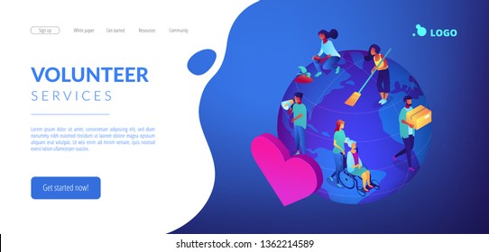 Volunteers at work on globe cleaning, helping the elderly, planting and donating. Volunteering, volunteer services, altruistic job activity concept. Isometric 3D website app landing web page template