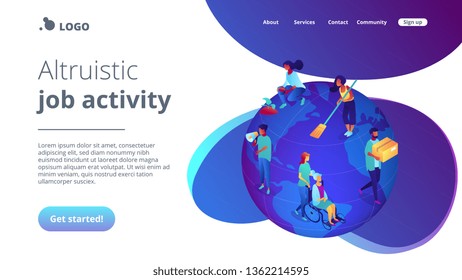 Volunteers at work on globe cleaning, helping the elderly, planting and donating. Volunteering, volunteer services, altruistic job activity concept. Isometric 3D website app landing web page template