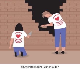 Volunteers work in a ruined building. Flat vector stock illustration. Help after catastrophe. Grassroots organizations rebuilding neighborhoods