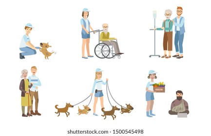 Volunteers at Work Set, Young Men and Women Walking Dog, Helping Disabled Person and Homeless, Supporting Elderly People Vector Illustration