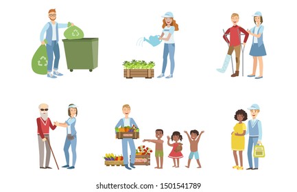 Volunteers at Work Set, Young Men and Women Collecting Garbage, Watering Plants. Helping Disabled and Elderly People, Feeding Hungry and Needy Kids. Vector Illustration. svg