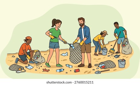 Volunteers working on a beach cleanup project collecting plastic bottles and debris in sacks to protect the marine ocean environment.