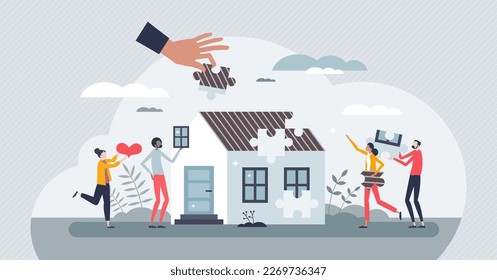 Volunteers working together to achieve common target tiny person concept. House assembly from donated materials for poor family vector illustration. Home construction with volunteering support crowd.