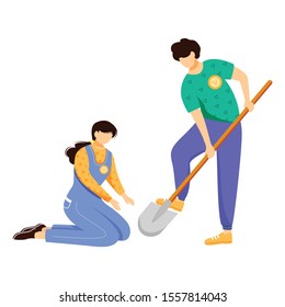 Volunteers working together flat vector illustration. Farmers couple, environmental activists isolated cartoon characters on white background. Nature preservation, ecology protection design element