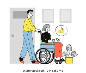 Volunter with grandmother linear. Man help to elderly woman. Activist of charitable foundation and pensioner at wheelchair. Kindness and generosity. Doodle flat vector illustration