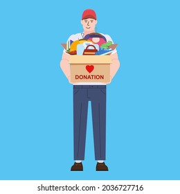 Volunter man deliver, donation box with clothes, books, shoes. help for refugees, poor kids. Awareness and charity concept, vector, illustration flat cartoon style