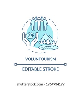Voluntourism concept icon. Best sustainable tourism practices. Tourist spending holidays helping people idea thin line illustration. Vector isolated outline RGB color drawing. Editable stroke