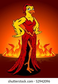 Voluptuous cartoon chicken standing in front of fire.