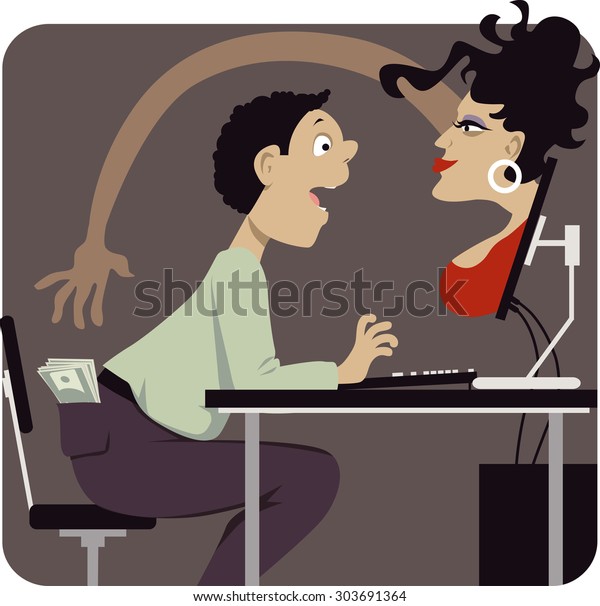 Voluptuous woman attempting to\
steal money from a internet dating scam victim, vector\
illustration, EPS 8