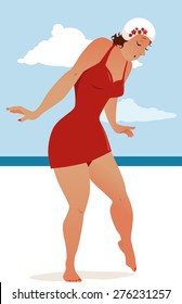 Voluptuous woman in an old-fashioned swimming suit carefully walking on a hot sand on the beach, vector illustration, no transparencies, EPS 8