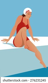 Voluptuous woman in a red vintage bathing suit and a bathing cap sitting on a side of the pull and carefully dipping her toe in the water, vector illustration, no transparencies, EPS 8