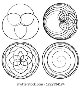 Volute, helix, and spiral vector illustration. Circular and random squiggly, squiggle lines motif, mandala