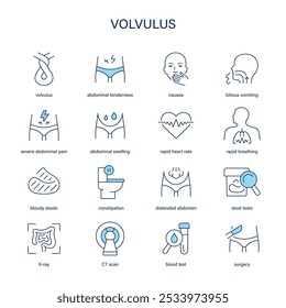 Conjunto de Vectores de síntomas, diagnóstico y tratamiento del vólvulo. Iconos médicos.