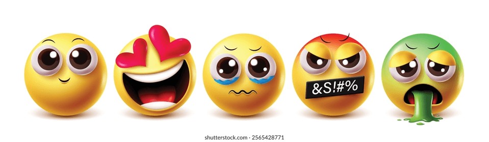 Vomit emoji vector characters set. Cute smile, in love, crying, angry and vomiting clipart emojis in white background. Vector illustration unwell emoji clip art collection set. 
