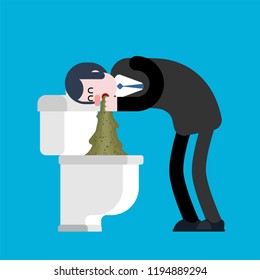 Vomit man in toilet. Puke Vector illustration. Retching cartoon. Vomitus