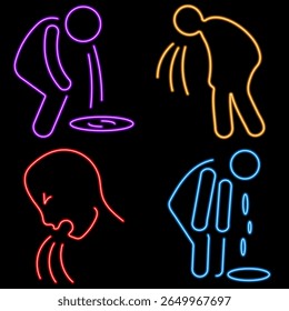 Grupo de iconos de neón de vómito, Ilustración vectorial sobre fondo negro.