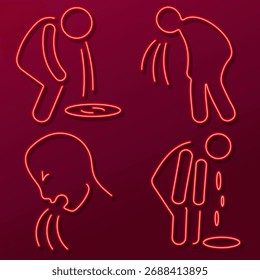 Grupo de iconos de neón de vómito, Ilustración vectorial.
