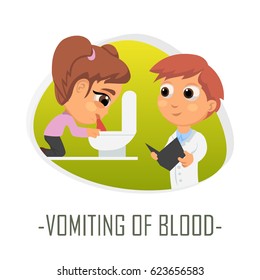 Vomiting of blood medical concept. Vector illustration. Doctor and patient are talking in the hospital. Isolated on white background.