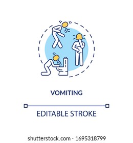 Vomiting Concept Icon. Human Puking In Toilet. Patient With Indigestion. Stomach Ache. Rotavirus Symptom Idea Thin Line Illustration. Vector Isolated Outline RGB Color Drawing. Editable Stroke