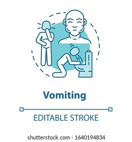 Vomiting Concept Icon. Stomach Poisoning. Unwell Patient Near Toilet. Gastritis And Nausea. Flu Symptom Idea Thin Line Illustration. Vector Isolated Outline RGB Color Drawing. Editable Stroke